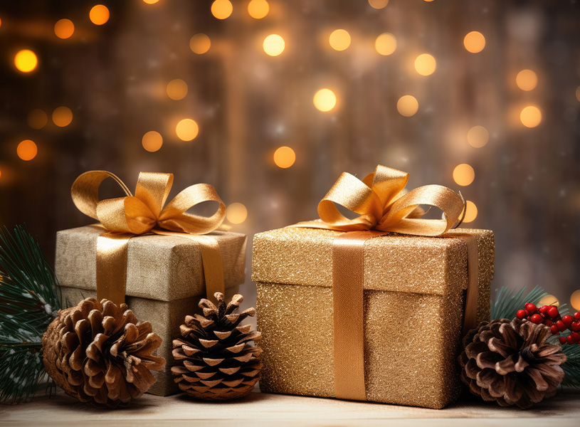 Weihnachtsgeschenke vor einem Hintergrund aus Tannenzapfen und Vogelbeeren